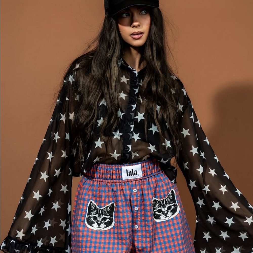 NWT Dressed in Lala Star cropped chiffon blouse size s/m